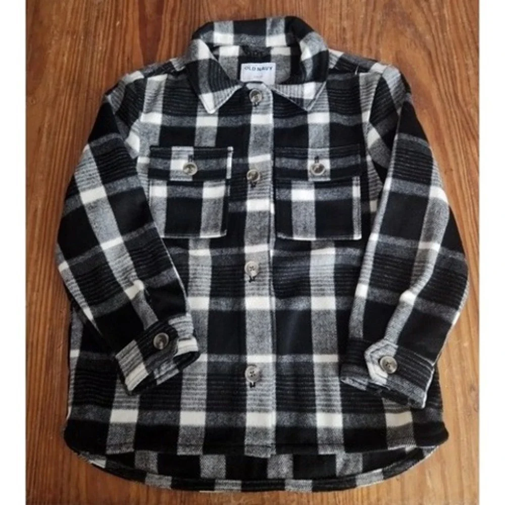 Old Navy Black Plaid Flannel Shacket Kids Unisex Sz 10 Wool‎ Blend Camping